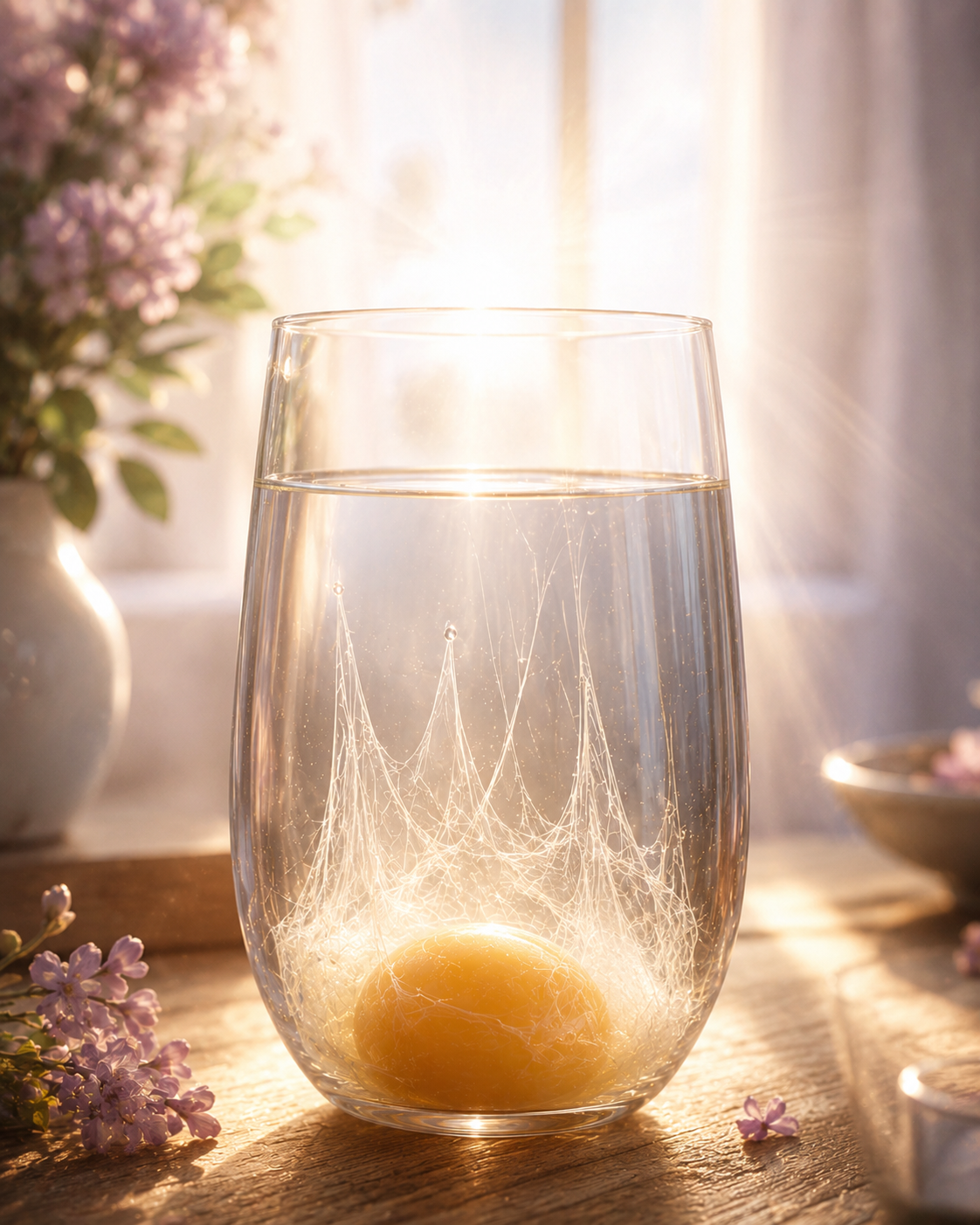A glass of water with an egg cleanse catching the morning light